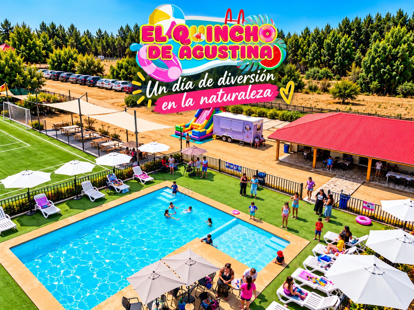 El Quincho de Agustina: un día de diversión en la naturaleza. Vista aérea con piscina, quincho de techo rojo, cancha y juegos inflables